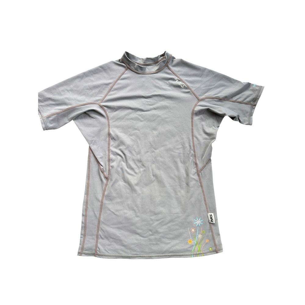 NRS Rash Guard Women Large Gray Short Sleeve UPF 50 Floral Excellent Condition